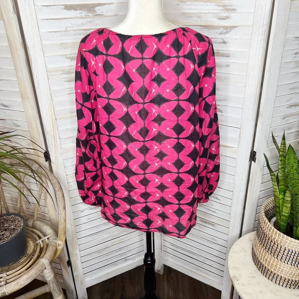 Sundance Women's Hyacinth Batik Print Gauzy Embroidered Top Bright Pink Black L - Picture 4 of 14